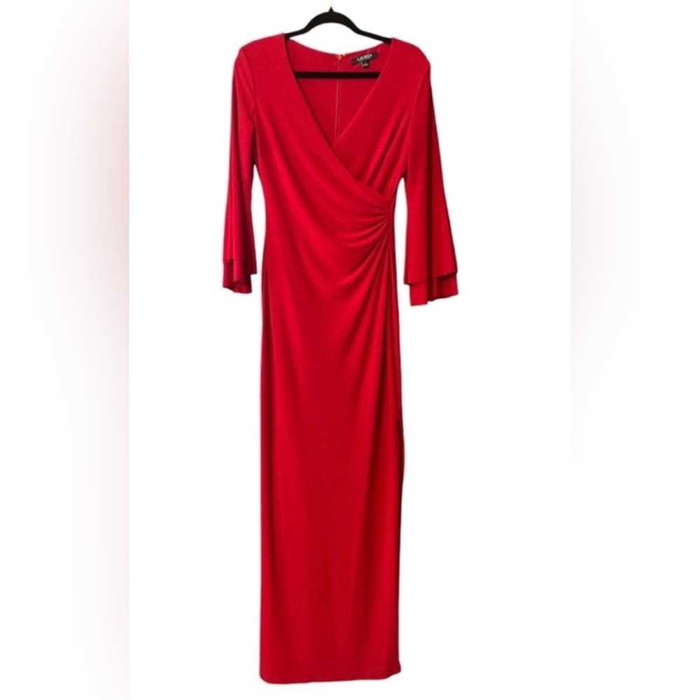 Lauren Ralph Lauren wrapped v-neck bell sleeved long dress.